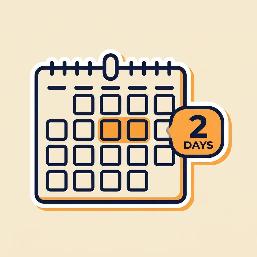 Sticker calendar with two adjacent warm-orange cells highlighted beside a warm-orange pill badge reading '2 days'.