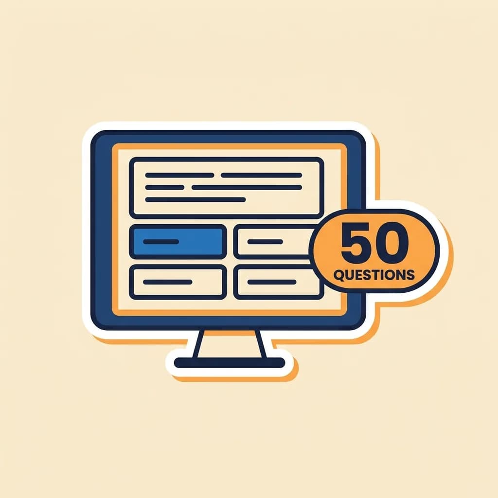 Sticker desktop monitor showing a question block above four answer buttons, beside a warm-orange pill badge reading '50 questions'.