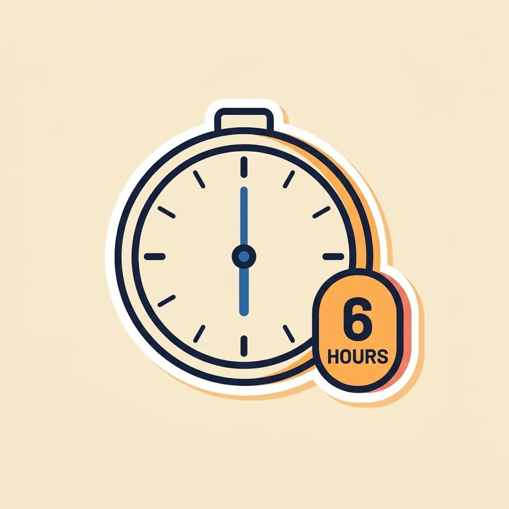 Sticker wall clock with tick marks and hour-hand markers, beside a warm-orange pill badge reading '6 hours'.