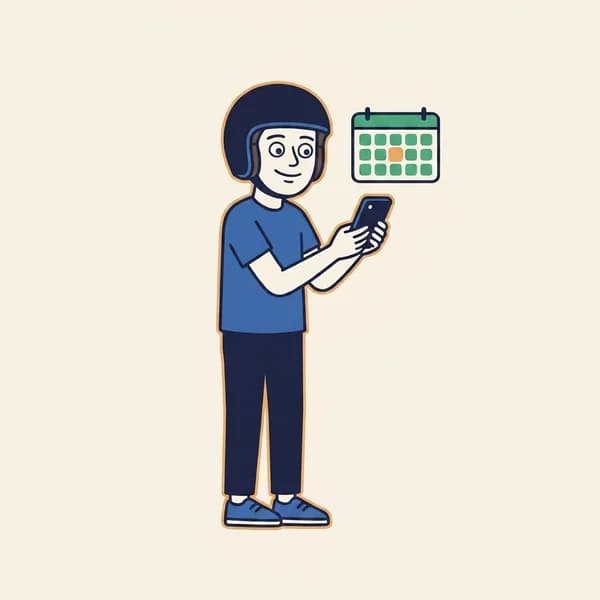 Mascot holding a phone with a calendar grid floating beside it, one cell highlighted.