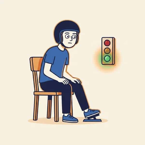 Mascot sitting on a chair, one foot on a pedal, looking at a green-lit traffic-light panel.