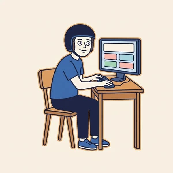 Mascot at a wooden desk in front of a computer monitor showing a quiz layout with four pastel buttons.