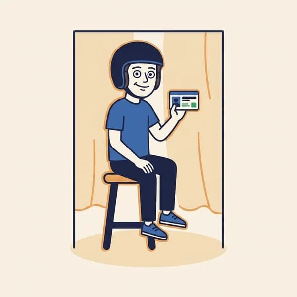 Mascot sitting on a stool in a photo booth holding up a small printed driver-licence-style card.