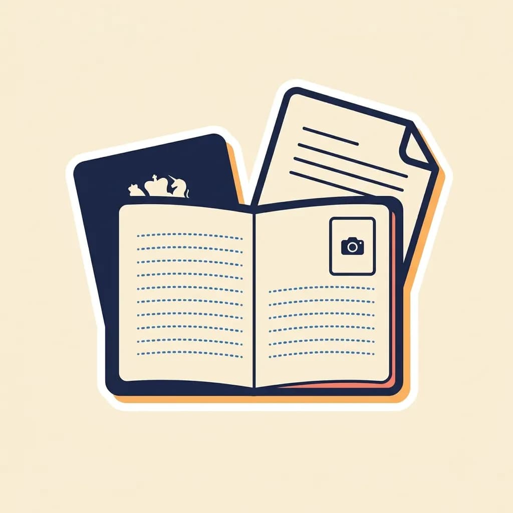 Open passport book sticker with a small photocopy sheet peeking out behind it; check-in QR-code intent is covered by the body copy.