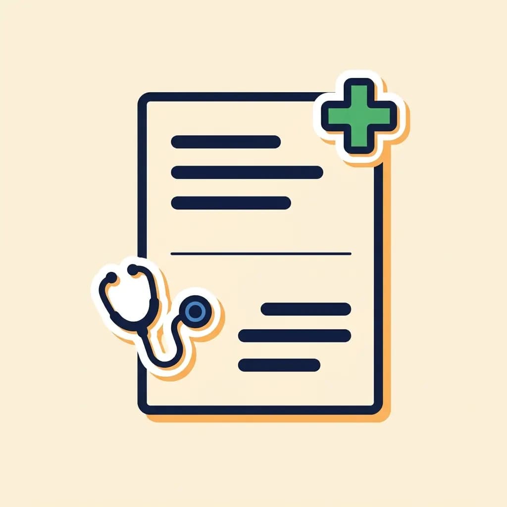 A4 paper sticker with placeholder text bars and a small green medical cross in the corner, with a navy stethoscope floating beside it.