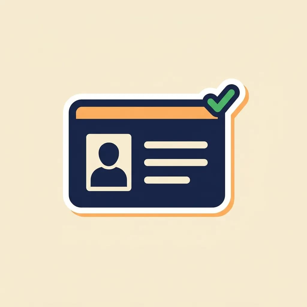 Plastic-card driver licence sticker with a navy portrait window and a warm-orange stripe across the top.