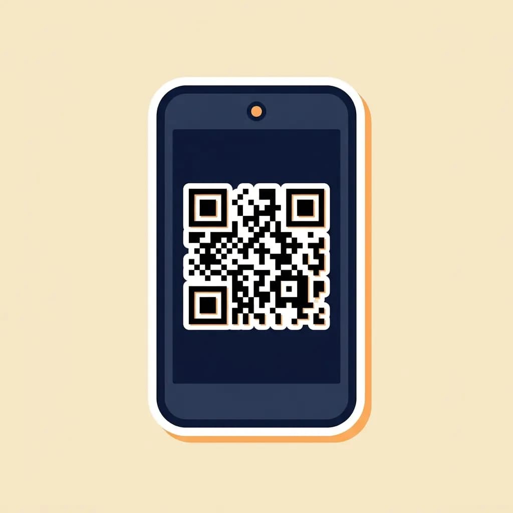 Sticker smartphone showing a stylised QR code, with a small green check-mark badge in the upper-right corner — representing the e-learning result.