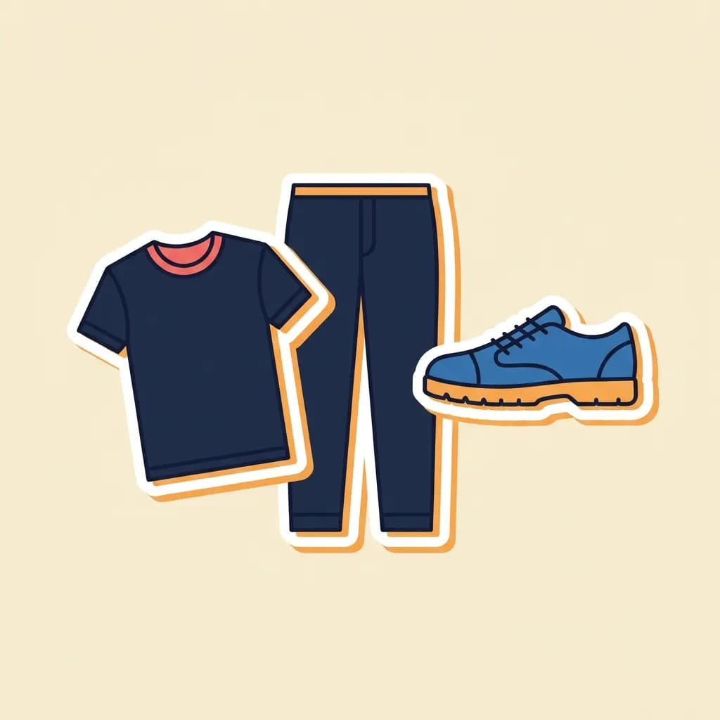 Sticker flat-lay of three garments: a sleeved navy t-shirt with a soft-red collar trim, a pair of long-leg navy trousers, and a low closed-toe sneaker with a warm-orange sole.