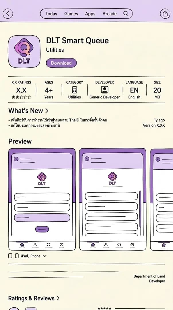 DLT app install screen showing the official navy-icon app and a download button.