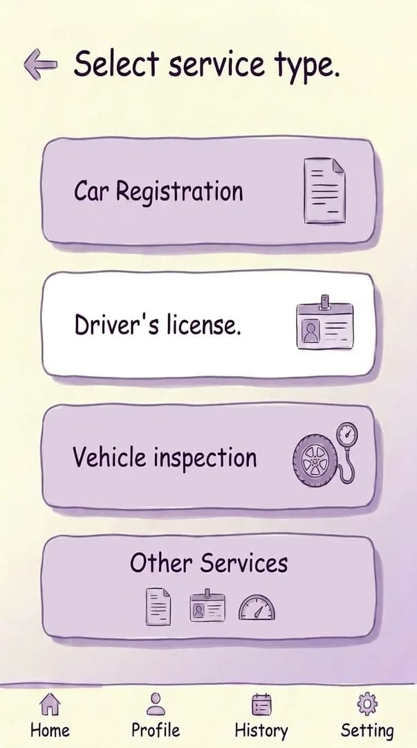 DLT app service-type screen with the 'Driver License' tile visible among other service tiles.