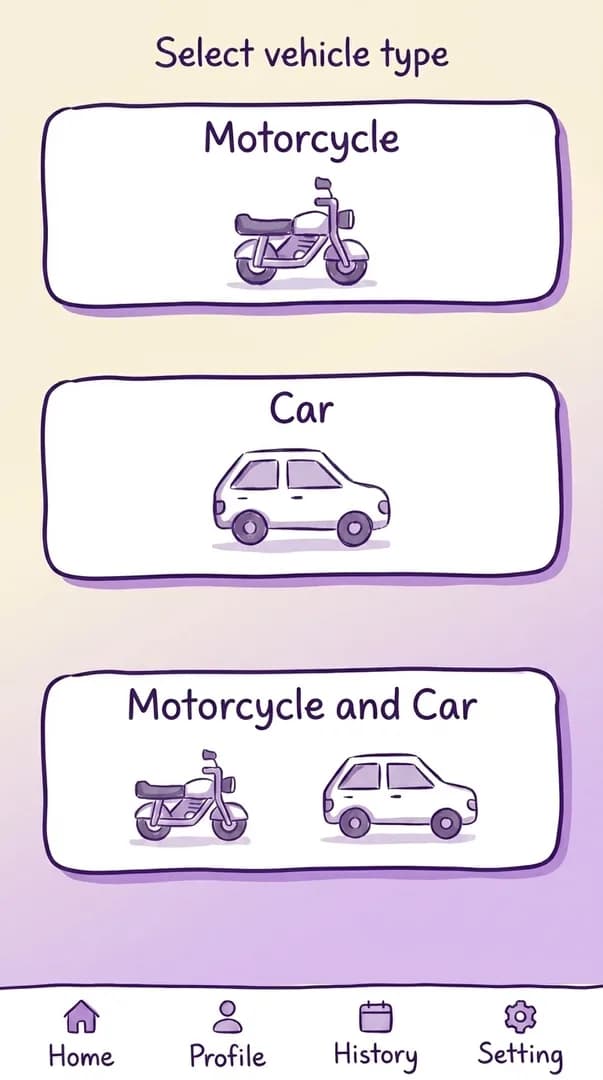 DLT app vehicle-type screen with 'Car', 'Motorcycle', and combined options visible as tiles.