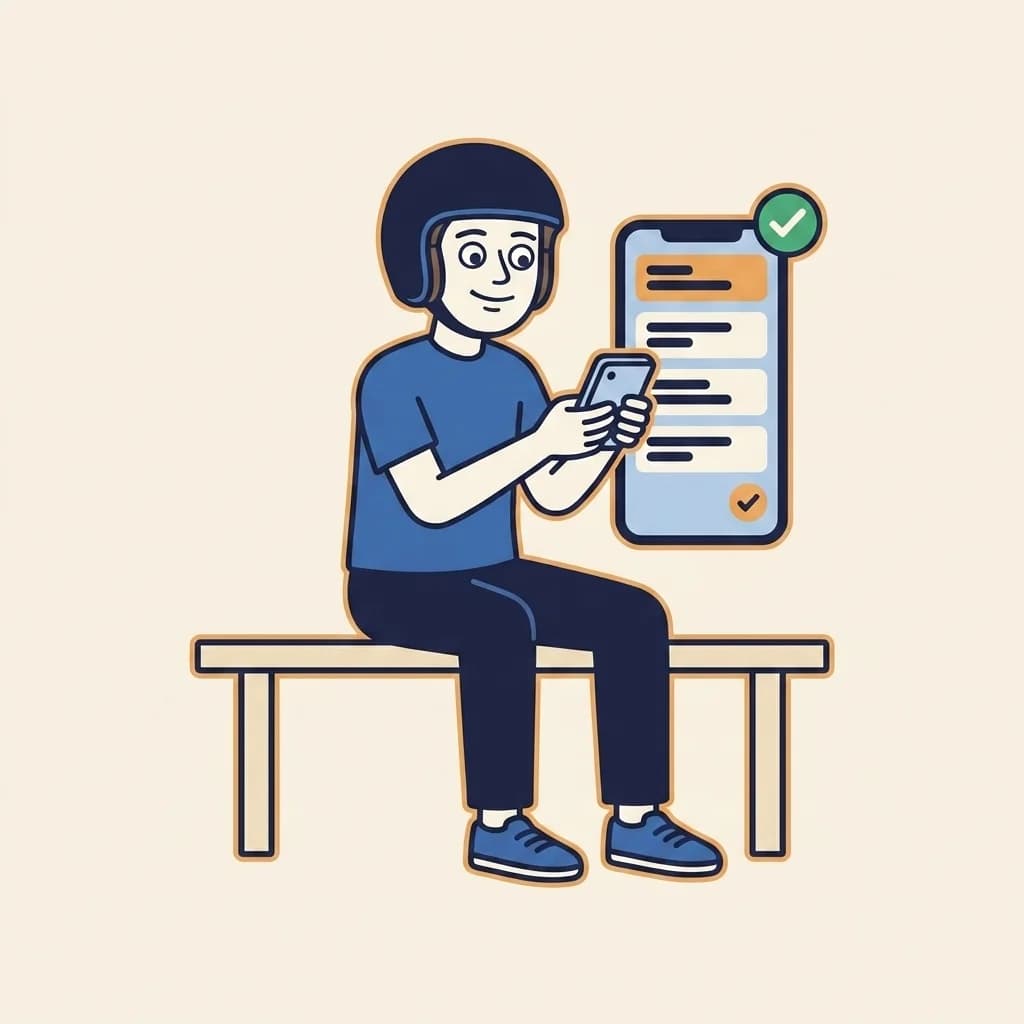 Mascot holding up a smartphone in two hands at chest height; the phone screen shows a stylised DLT Smart Queue-style app with a list of service rows and a small calendar tile — representing scoping the branch through the app before booking.