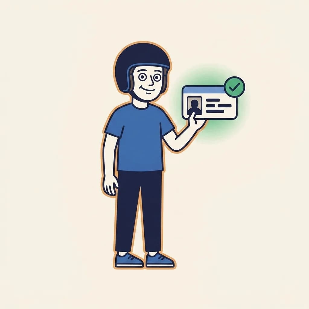 Mascot holding up a generic non-Thai driving licence card with a soft success-green halo behind it and a small green check-mark badge in the upper-right corner of the card.