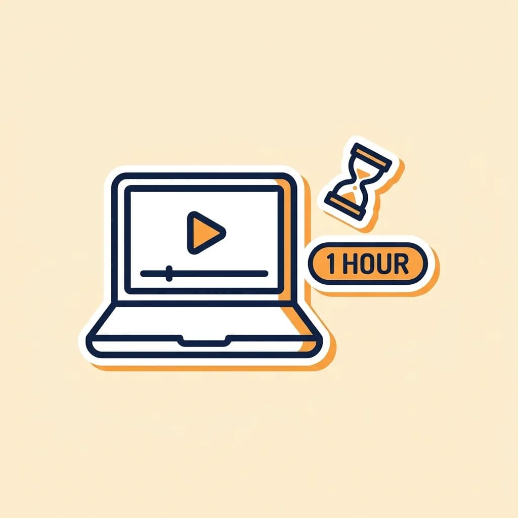 Sticker laptop with a stylised play button on the screen and a small navy hourglass icon beside, paired with a warm-orange pill badge reading '1 HOUR'.