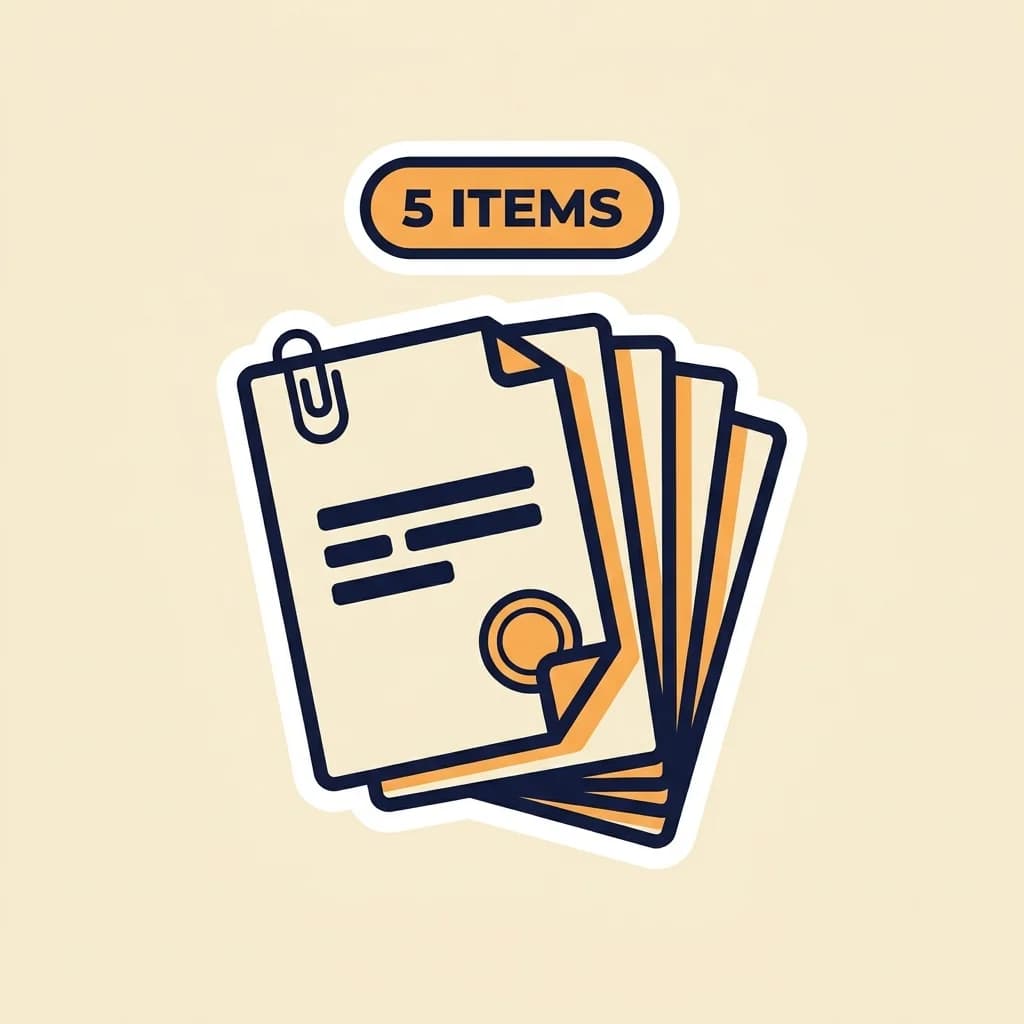 Sticker stack of five labelled paper sheets with a paperclip on top, paired with a warm-orange pill badge reading '5 ITEMS'.