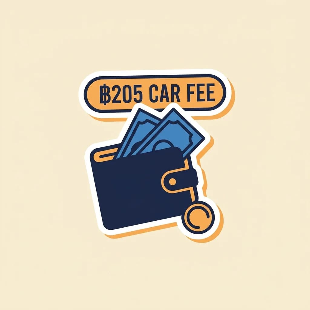 Sticker wallet with a banknote peeking out and a single warm-orange coin to the side, paired with a warm-orange pill badge reading '฿205 CAR FEE'.