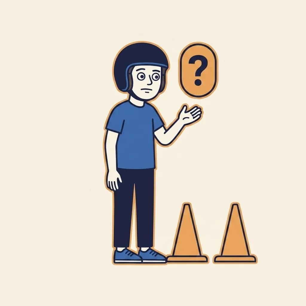 Mascot standing beside two warm-orange traffic cones with a small warm-orange '?' pill badge floating above — representing the practical-test branch variance.