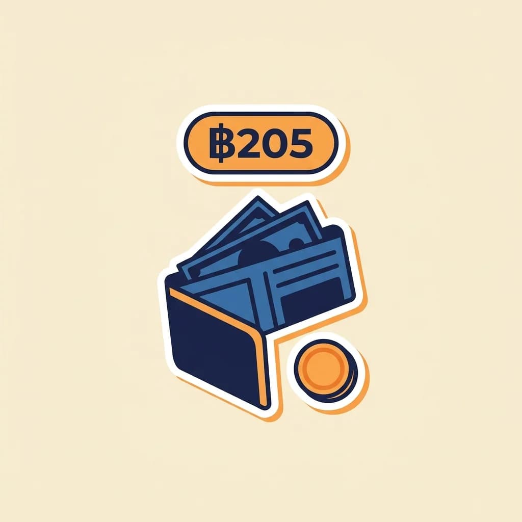 Sticker wallet with a single banknote peeking out, a small warm-orange coin to the side, and a warm-orange pill badge reading '฿205' floating above.