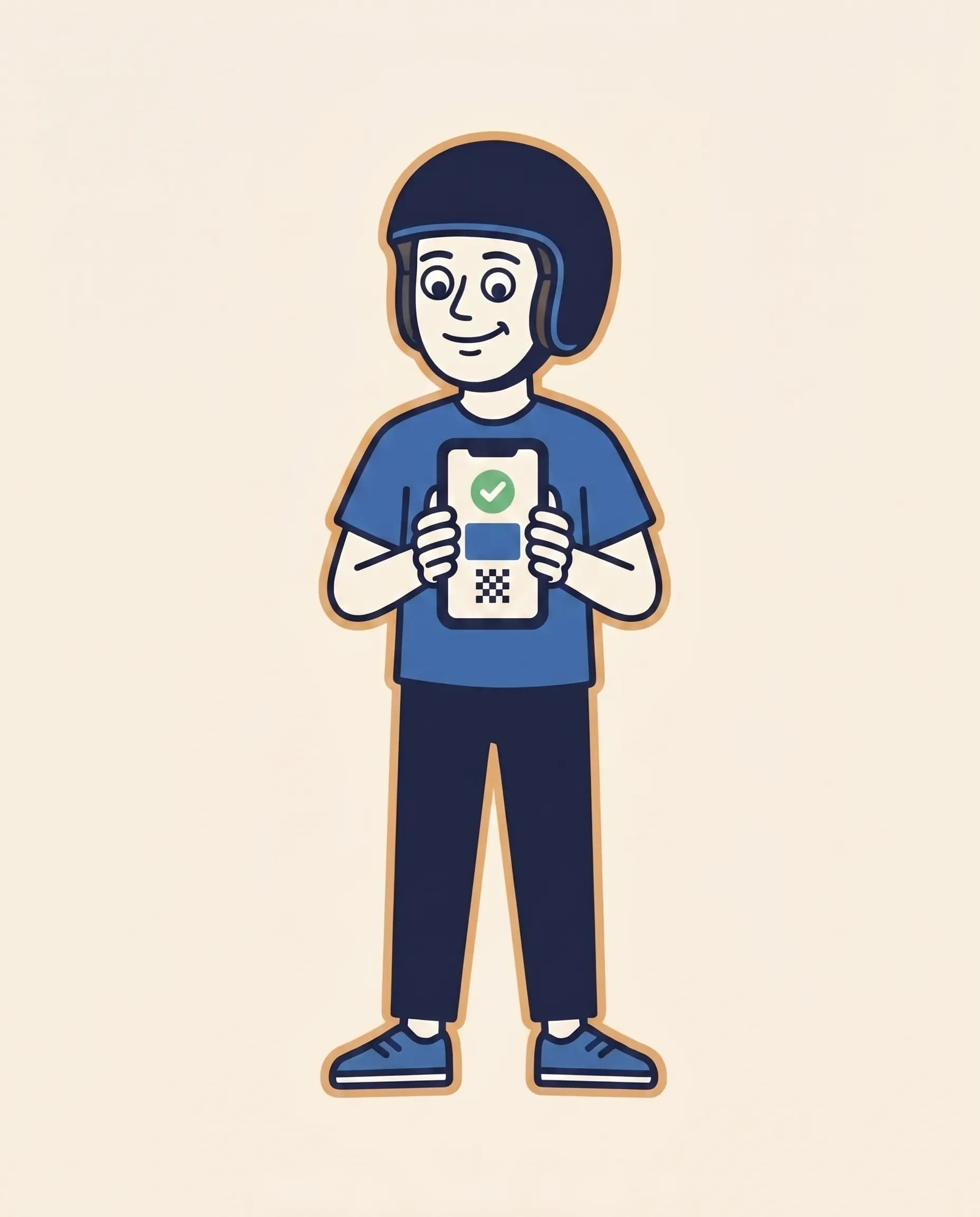 Mascot holding a smartphone whose screen shows a generic 'booking confirmed' card with a checkmark and a stylised QR-code square.