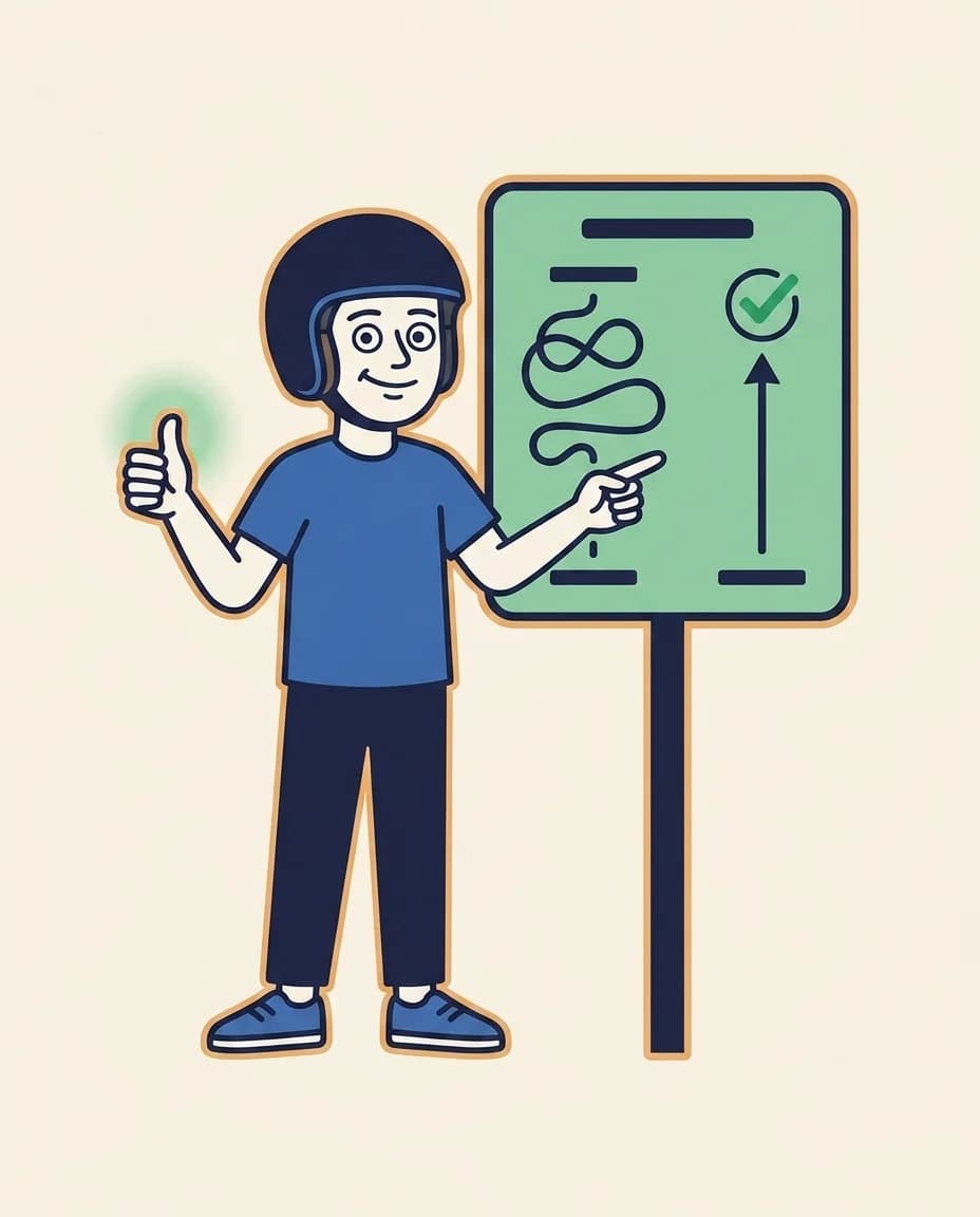 Mascot pointing at a sign showing two abstract routes — a long winding path next to a short straight one — and giving a confident thumbs-up with a soft success-green halo.