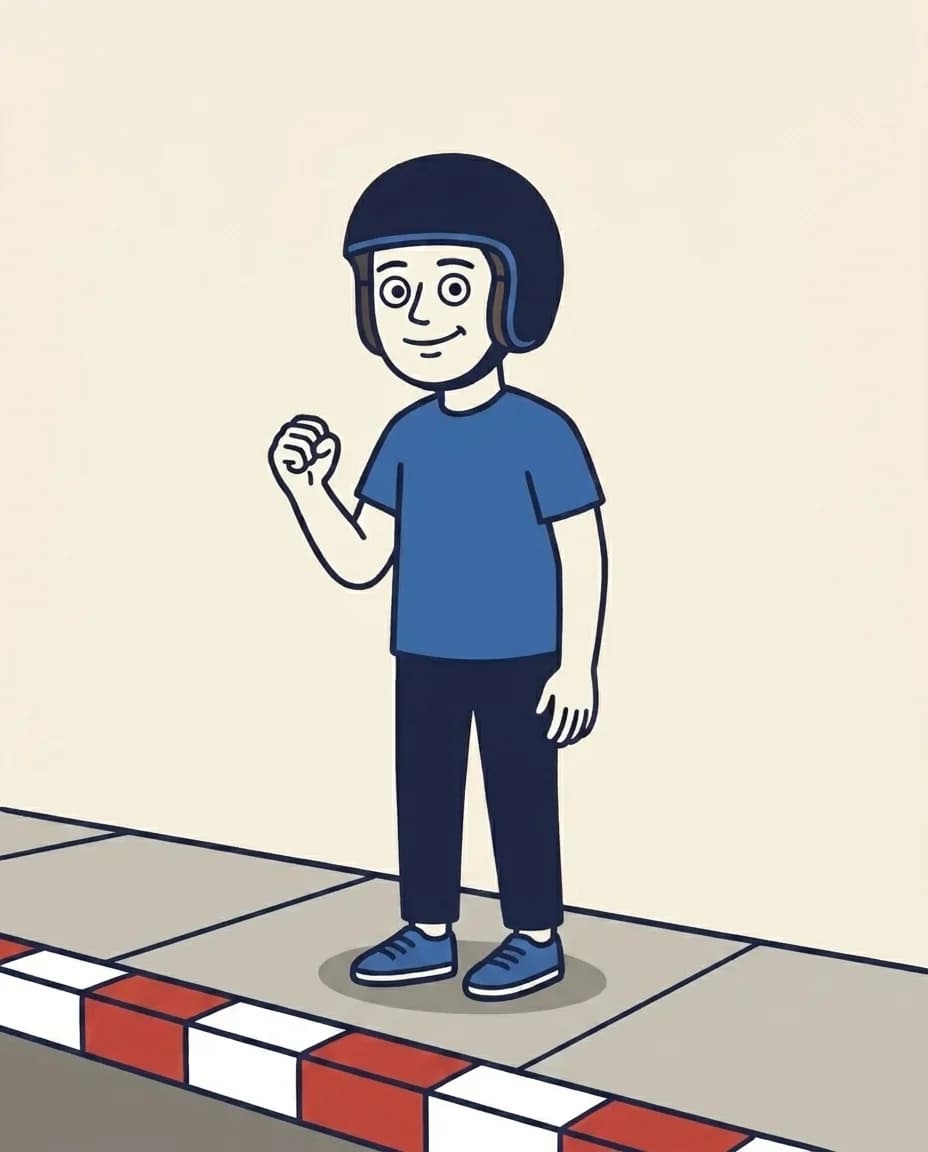 Mascot stands on a sidewalk just behind a red-and-white painted kerb (the no-stopping marking), one hand in a soft fist at chest height in a quiet 'got it' gesture — recognising the pattern without having to memorise the metres.