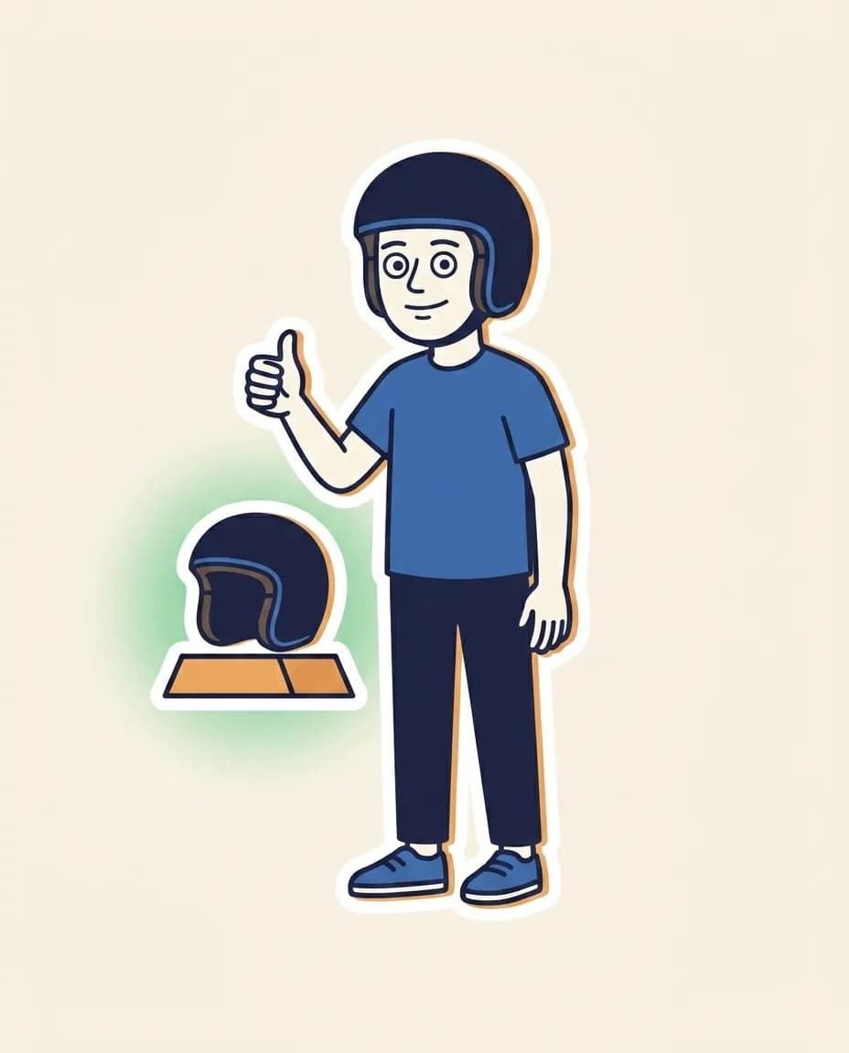 Mascot giving a confident thumbs-up beside a navy open-face motorcycle helmet sticker on a small warm-orange display stand, with a soft success-green halo behind the helmet.