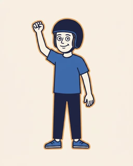 Mascot raising one fist in celebration while holding a phone showing weak-topic markers.
