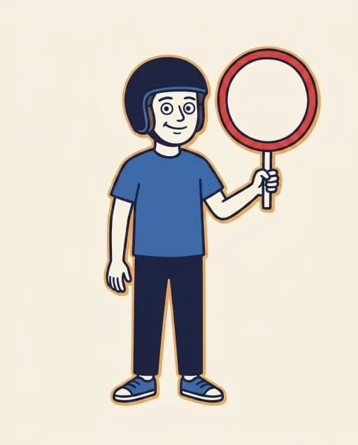 Mascot holding a blank circular road sign with a red border.