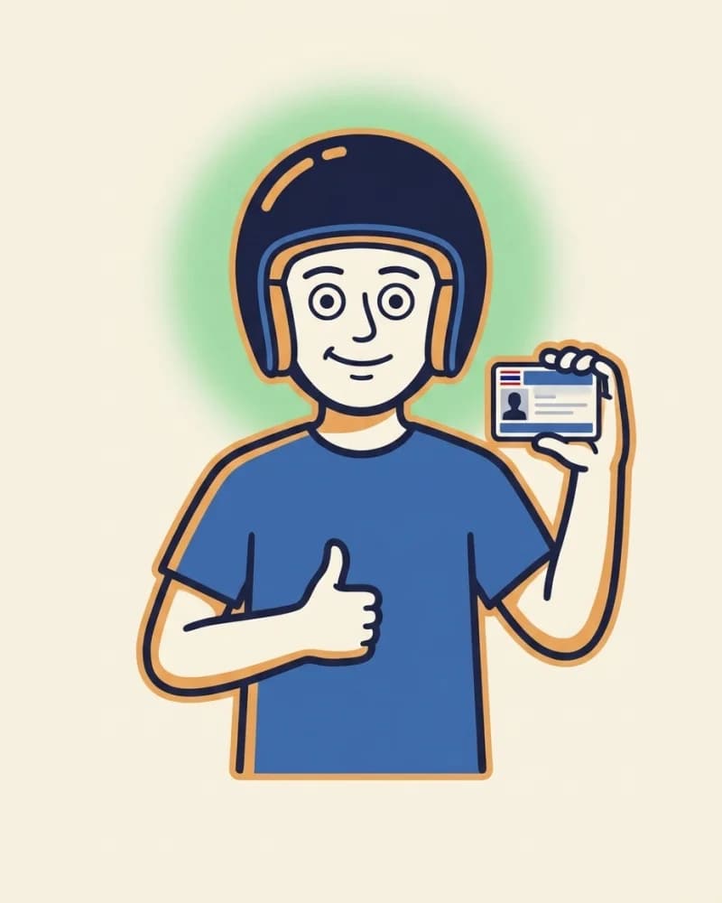 Mascot holding up a freshly printed Thai driving licence card and giving a thumbs-up, with a soft success-green halo behind them.