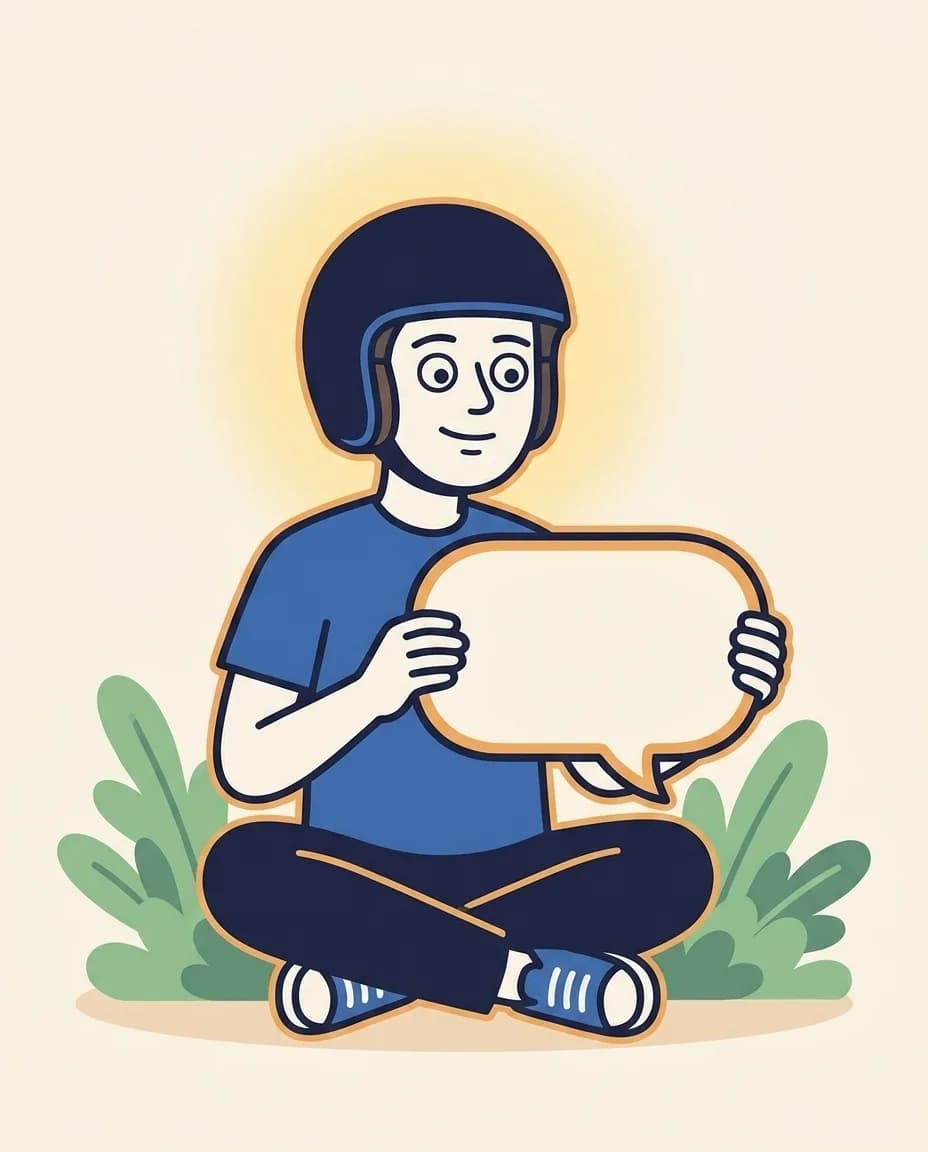 Mascot sitting cross-legged holding a single blank speech bubble at chest height with a calm thoughtful expression.