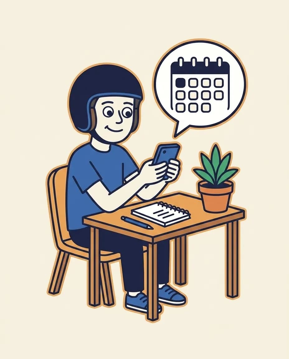 Mascot at a wooden desk holding a smartphone with a calendar speech bubble floating beside it, a notebook and pen on the table, and a potted plant in the background.