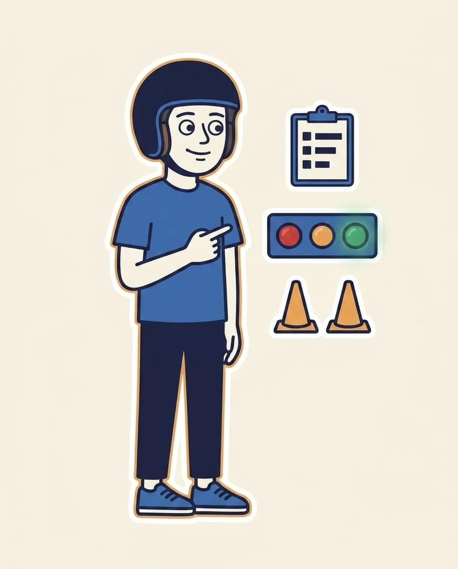 Mascot pointing at a small cluster of first-time-test artefacts — a clipboard with placeholder text bars, a reaction-test rig glowing green, and two warm-orange traffic cones.
