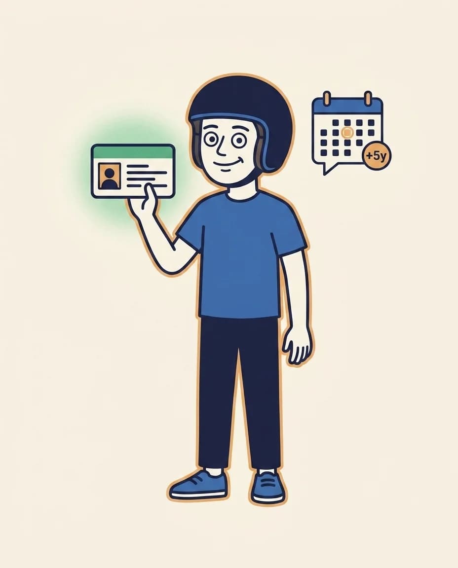Mascot holding up a fresh Thai driving licence card with a small calendar bubble overhead marking a circled date and a '+5y' badge.