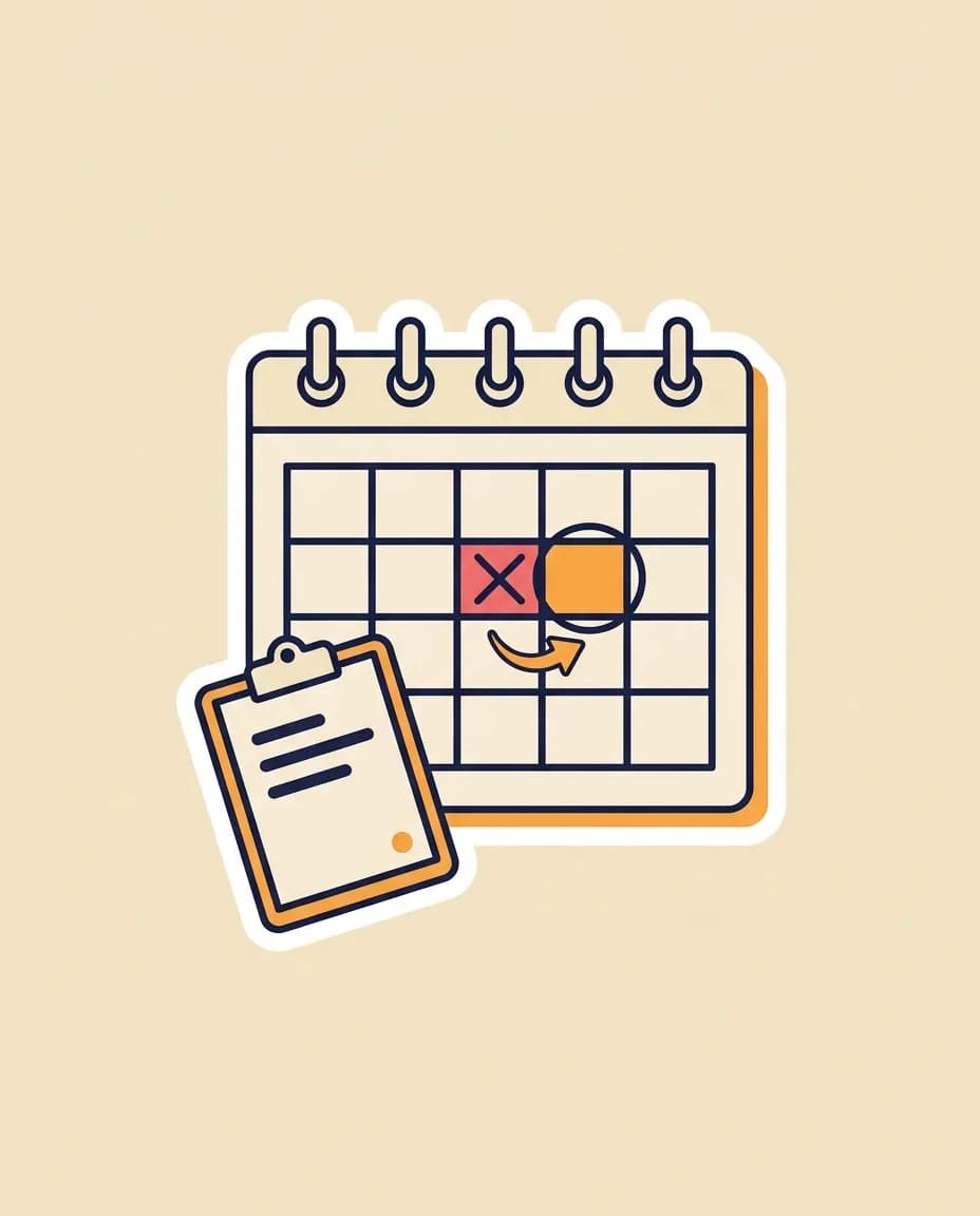 Sticker calendar page with one day-cell marked soft-red and crossed out with a navy X, the next day-cell highlighted warm-orange and circled, and a small warm-orange curved arrow connecting the two — with a tilted clipboard sticker floating in front.