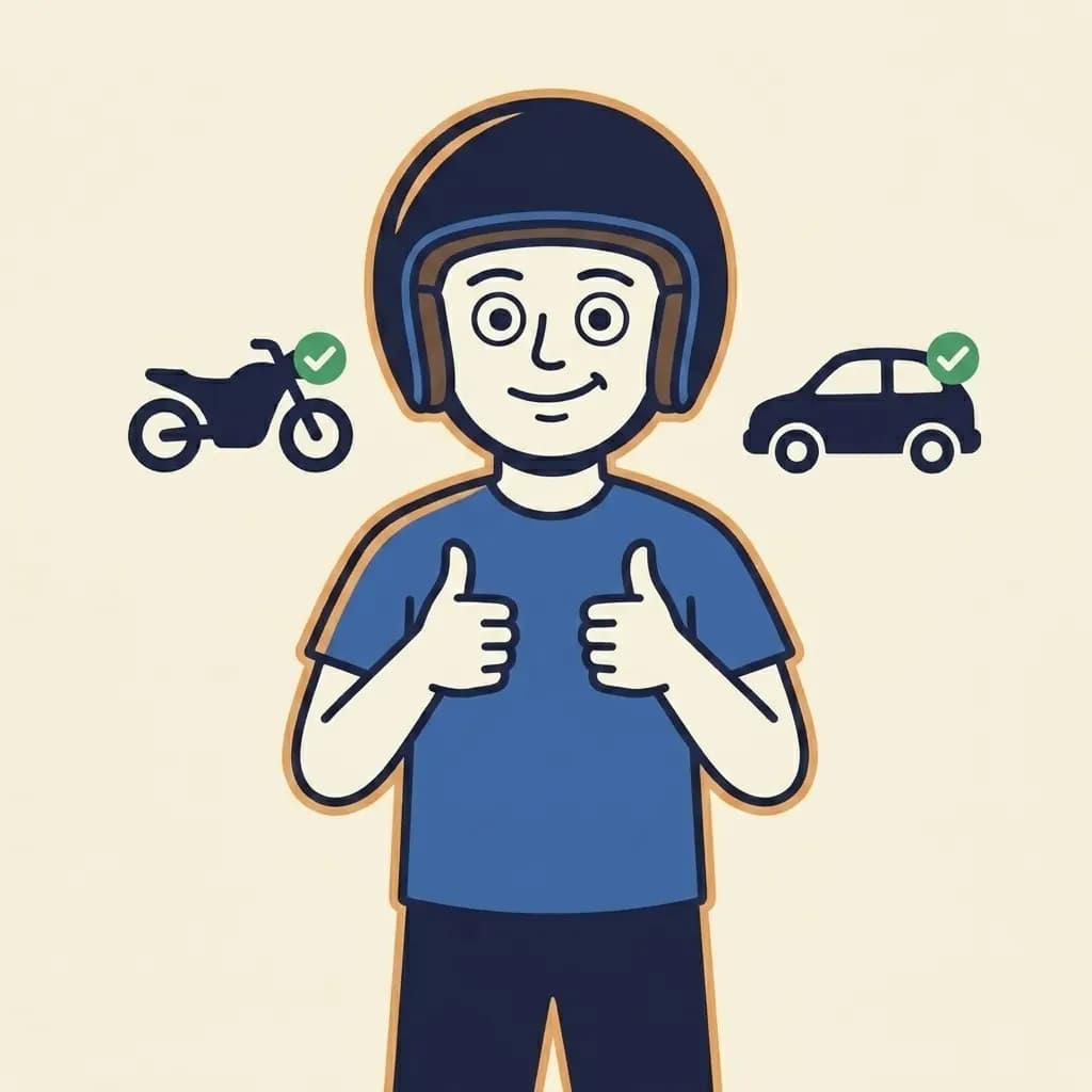 Mascot grinning with a two-thumbs-up gesture, a small motorcycle and a small car silhouette floating beside them, each with a tiny green checkmark.