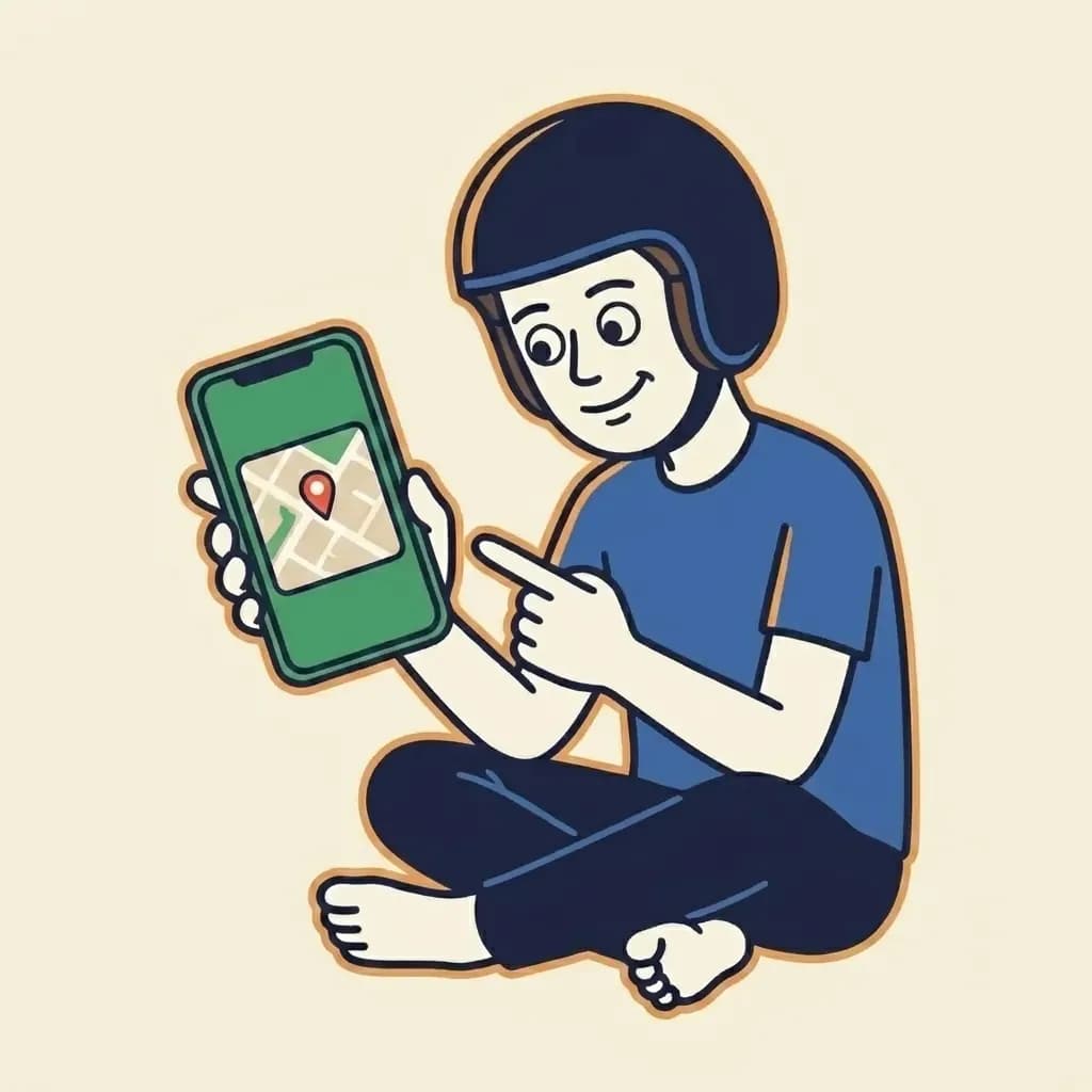 Mascot sitting cross-legged looking at a smartphone showing a generic map view with a single red pin marker.