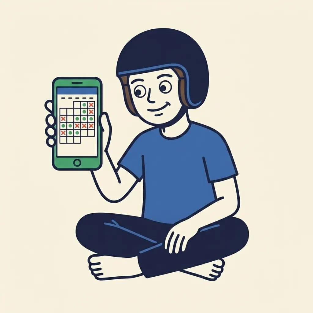 Mascot holding a phone showing a stylised calendar grid mixing green dots and red X marks across different days.