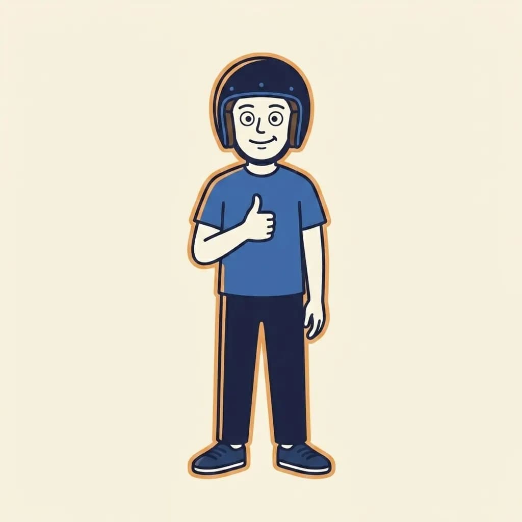 Mascot standing in helmet, blue t-shirt, long navy trousers and closed sneakers, giving a confident thumbs-up.