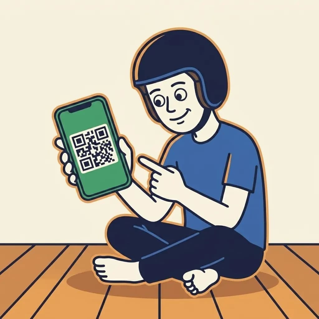 Mascot holding a phone showing a stylised QR code on screen, finger pointing at the QR as if about to screenshot it.