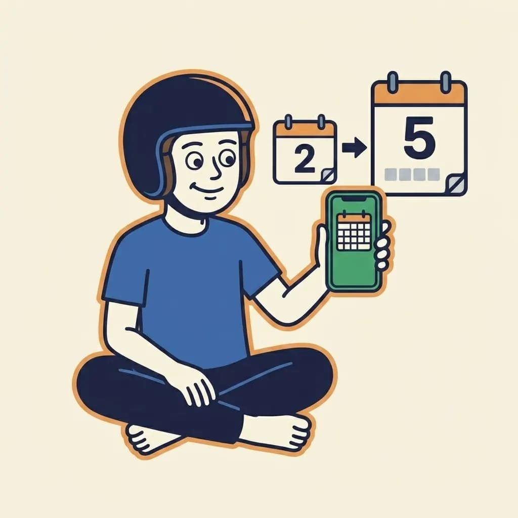 Mascot holding a phone showing two stylised calendar pages, one marked 2 and a larger one marked 5, with a small arrow between them.