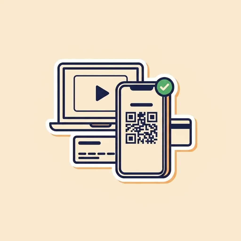 Sticker smartphone showing a stylised QR code with a small green check-mark badge in the corner; behind it a small open laptop sticker with a play-button icon on its screen.