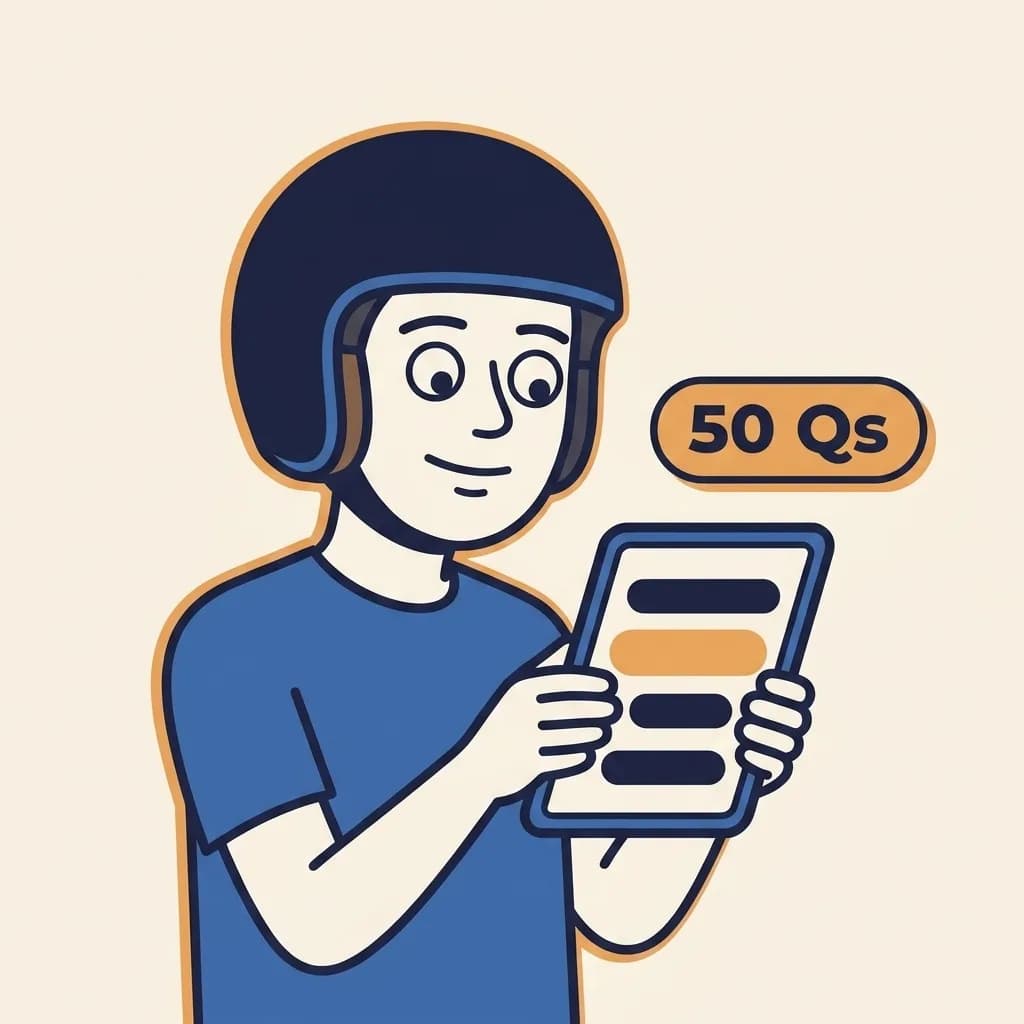 Closeup of the mascot holding a small sticker tablet at chest height; the tablet screen shows four stacked navy answer rows with the second highlighted in warm orange, and a small warm-orange '50 Qs' pill badge floats above the tablet.