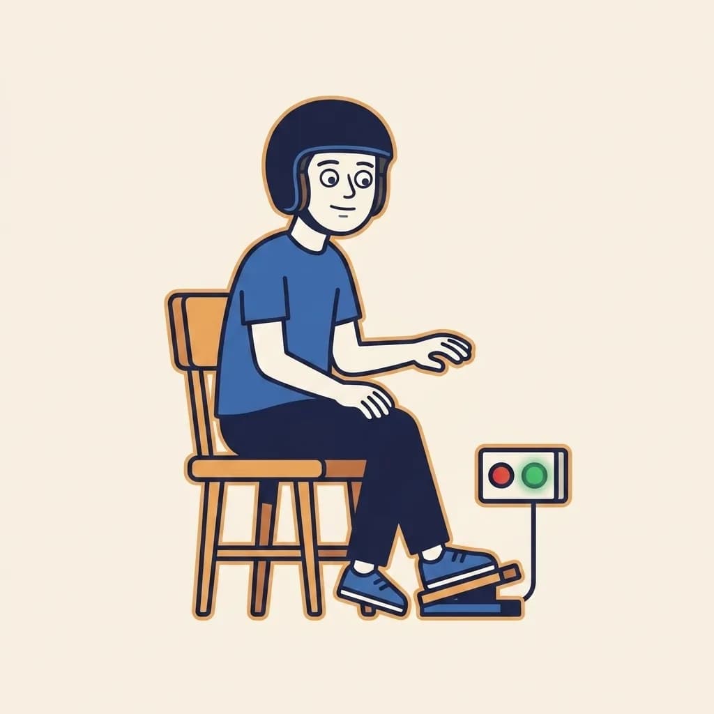 Mascot sitting on a wooden chair, one foot on a small flat brake pedal beside a small wall-mounted box showing a red and a glowing success-green light.