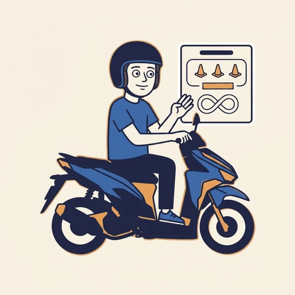 Mascot gesturing at a flat overhead-view diagram board showing a slalom of warm-orange cones, a narrow plank rectangle, and a figure-eight loop drawn in dark-navy outline.