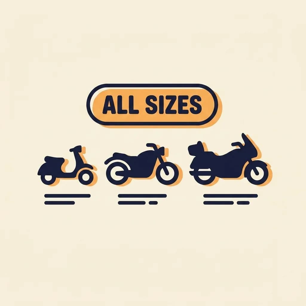 Three sticker motorcycle silhouettes lined up at different sizes — scooter, mid motorcycle, larger touring bike — paired with a warm-orange pill badge reading 'ALL SIZES'.