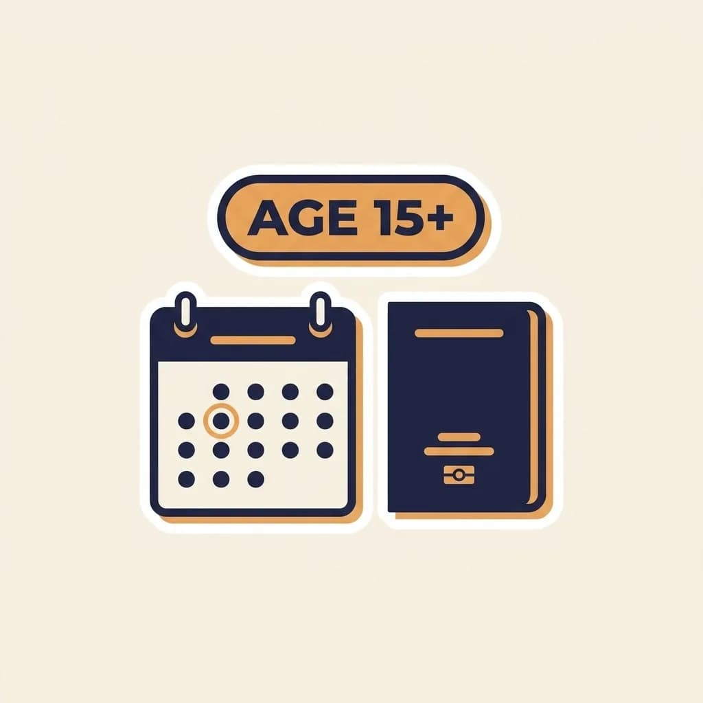 Sticker wall-calendar with a circled day and a closed sticker passport beside, paired with a warm-orange pill badge reading 'AGE 15+'.