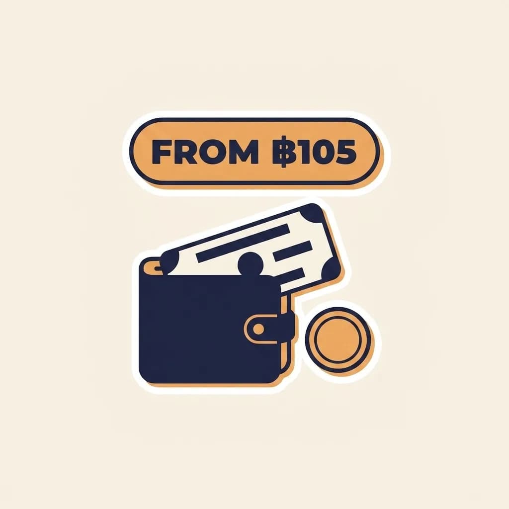 Sticker wallet with a banknote peeking out and a single warm-orange coin to the side, paired with a warm-orange pill badge reading 'FROM ฿105'.