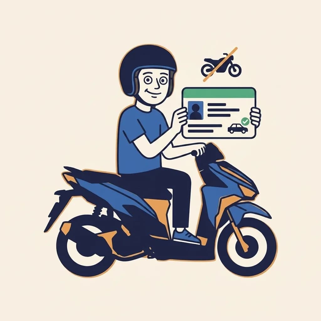 Mascot holding up a Thai-style licence card with a navy car-glyph check-marked in the corner; above the card a separate motorcycle-glyph is crossed out with a warm-orange diagonal stroke.