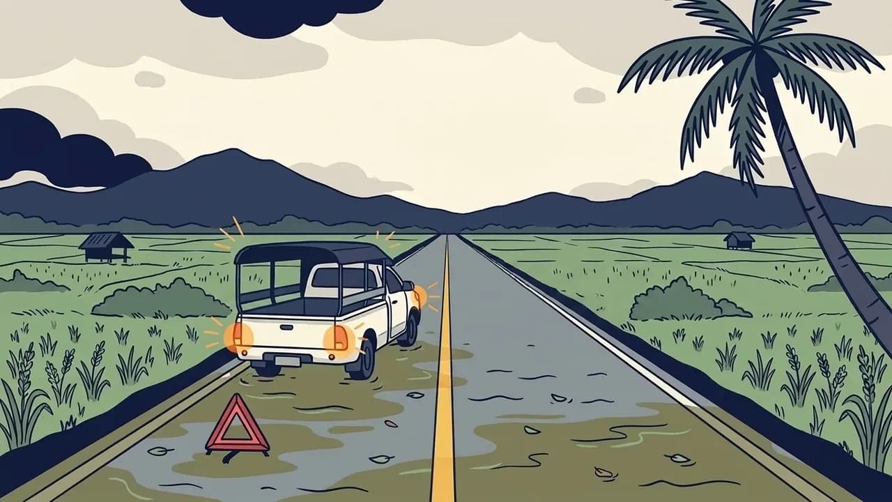Cartoon Thai countryside road partly submerged in floodwater, a stalled white pickup with flashing yellow hazard lights and a red warning triangle behind it, a lowered railway boom barrier with a red flashing light, and dark storm clouds gathering over the mountains.