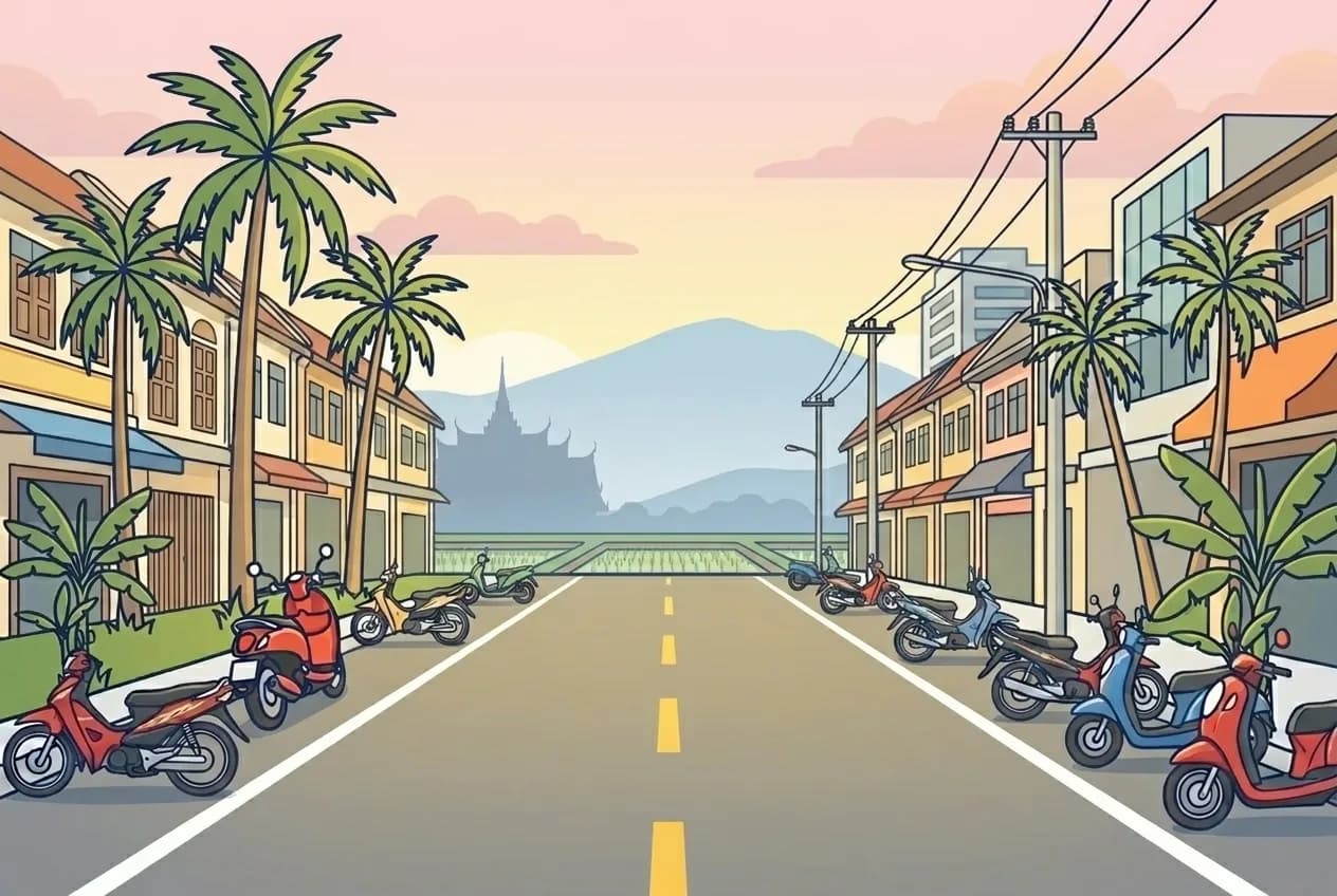 Illustrated Thai soi at dusk with rows of parked motorcycles lining both sides of the road, palm trees and a temple silhouette in the distance.